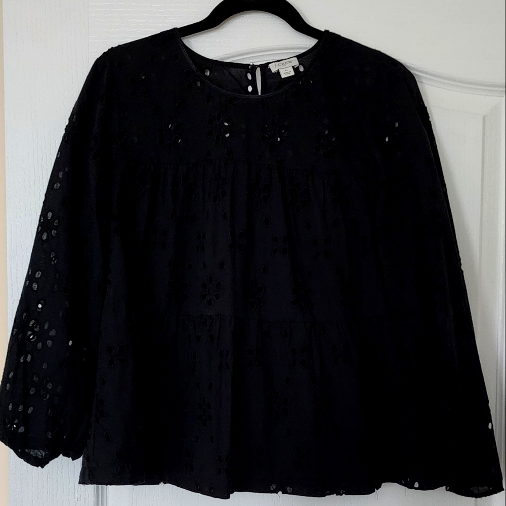JCrew Eyelet Black 3/4 Bell Sleeve Blouse with Relaxed Fit